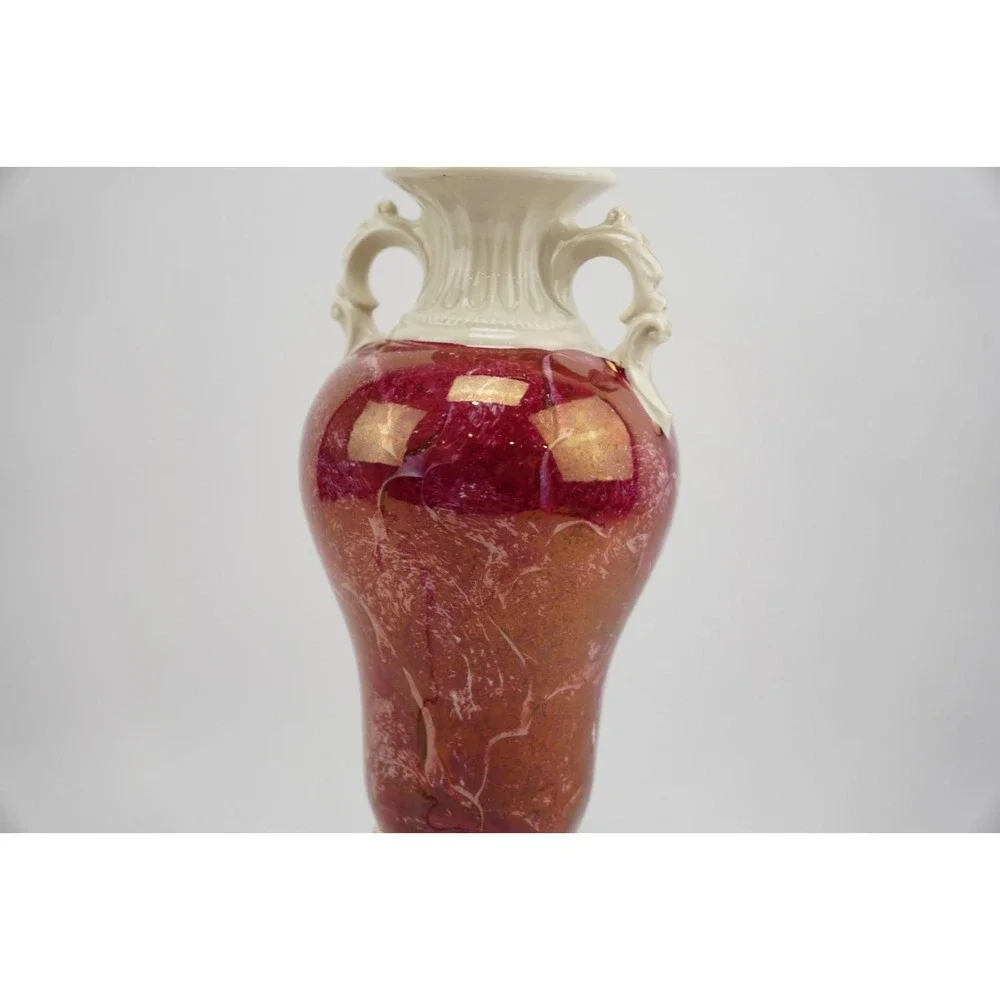 Vintage Early 1950's ‎ Handled Ceramic Shabby Chic Floral Lamp Red & White
